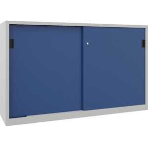 Schiebetürenschrank, Höhe 1200 mm, Vollblechtüren, BxT 2000 x 400 mm, mit Trennwand und 2 x 2 Fachböden, Tür enzianblau Pavoy Schiebetürenschrank, Höhe 1200 mm, Vollblechtüren, BxT 2000 x 400 mm, mit Trennwand und 2 x 2 Fachböden, Tür enzianblau Pavoy