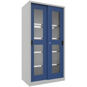 Schiebetürenschrank, Höhe 1950 mm, Sichtfenstertüren, BxT 1000 x 600 mm, mit 4 Fachböden, Tür enzianblau Pavoy Schiebetürenschrank, Höhe 1950 mm, Sichtfenstertüren, BxT 1000 x 600 mm, mit 4 Fachböden, Tür enzianblau Pavoy