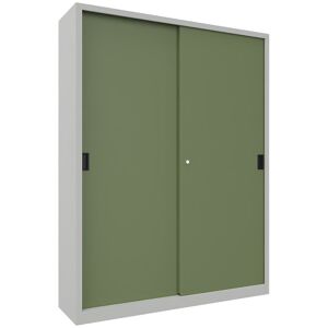 Schiebetürenschrank, Höhe 1950 mm, Vollblechtüren, BxT 1500 x 400 mm, mit Trennwand und 2 x 4 Fachböden, Tür resedagrün Pavoy Schiebetürenschrank, Höhe 1950 mm, Vollblechtüren, BxT 1500 x 400 mm, mit Trennwand und 2 x 4 Fachböden, Tür resedagrün Pavoy