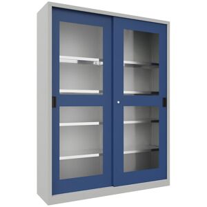 Schiebetürenschrank, Höhe 1950 mm, Sichtfenstertüren, BxT 1500 x 400 mm, mit Trennwand und 2 x 4 Fachböden, Tür enzianblau Pavoy Schiebetürenschrank, Höhe 1950 mm, Sichtfenstertüren, BxT 1500 x 400 mm, mit Trennwand und 2 x 4 Fachböden, Tür enzianblau Pavoy