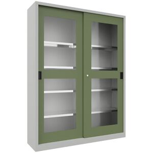 Schiebetürenschrank, Höhe 1950 mm, Sichtfenstertüren, BxT 1500 x 400 mm, mit Trennwand und 2 x 4 Fachböden, Tür resedagrün Pavoy Schiebetürenschrank, Höhe 1950 mm, Sichtfenstertüren, BxT 1500 x 400 mm, mit Trennwand und 2 x 4 Fachböden, Tür resedagrün Pavoy