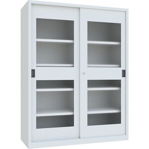 Schiebetürenschrank, Höhe 1950 mm, Sichtfenstertüren, BxT 1500 x 600 mm, mit Trennwand und 2 x 4 Fachböden, Tür lichtgrau Pavoy Schiebetürenschrank, Höhe 1950 mm, Sichtfenstertüren, BxT 1500 x 600 mm, mit Trennwand und 2 x 4 Fachböden, Tür lichtgrau Pavoy