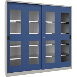 Schiebetürenschrank, Höhe 1950 mm, Sichtfenstertüren, BxT 2000 x 400 mm, mit Trennwand und 2 x 4 Fachböden, Tür enzianblau Pavoy Schiebetürenschrank, Höhe 1950 mm, Sichtfenstertüren, BxT 2000 x 400 mm, mit Trennwand und 2 x 4 Fachböden, Tür enzianblau Pavoy