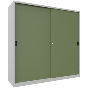 Schiebetürenschrank, Höhe 1950 mm, Vollblechtüren, BxT 2000 x 600 mm, mit Trennwand und 2 x 4 Fachböden, Tür resedagrün Pavoy Schiebetürenschrank, Höhe 1950 mm, Vollblechtüren, BxT 2000 x 600 mm, mit Trennwand und 2 x 4 Fachböden, Tür resedagrün Pavoy