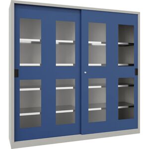Schiebetürenschrank, Höhe 1950 mm, Sichtfenstertüren, BxT 2000 x 600 mm, mit Trennwand und 2 x 4 Fachböden, Tür enzianblau Pavoy Schiebetürenschrank, Höhe 1950 mm, Sichtfenstertüren, BxT 2000 x 600 mm, mit Trennwand und 2 x 4 Fachböden, Tür enzianblau Pavoy