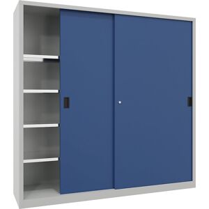 Schwerlast-Schiebetürenschrank, Höhe 1950 mm, Vollblechtüren, BxT 2000 x 500 mm, mit Trennwand und 2 x 4 Fachböden, Tür enzianblau Pavoy Schwerlast-Schiebetürenschrank, Höhe 1950 mm, Vollblechtüren, BxT 2000 x 500 mm, mit Trennwand und 2 x 4 Fachböden, Tür enzianblau Pavoy