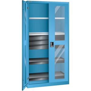 Sichtfensterschrank, HxBxT 1950 x 1000 x 580 mm, mit 2 Fachböden, 2 Auszugböden und 3 Schubladen, lichtblau LISTA Sichtfensterschrank, HxBxT 1950 x 1000 x 580 mm, mit 2 Fachböden, 2 Auszugböden und 3 Schubladen, lichtblau LISTA