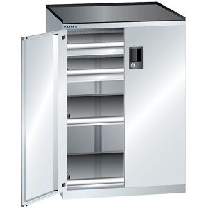 Schubladenschrank mit Flügeltüren, Höhe 1020 mm, 2 Böden, 2 Schubladen, Traglast 200 kg, lichtgrau LISTA Schubladenschrank mit Flügeltüren, Höhe 1020 mm, 2 Böden, 2 Schubladen, Traglast 200 kg, lichtgrau LISTA