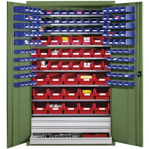 Großraumschrank aus Stahlblech, mit 9 Fachböden, 152 Sichtlagerkästen und 3 Schubladen, Korpus- und Türfarbe Resedagrün eurokraft pro Großraumschrank aus Stahlblech, mit 9 Fachböden, 152 Sichtlagerkästen und 3 Schubladen, Korpus- und Türfarbe Resedagrün eurokraft pro