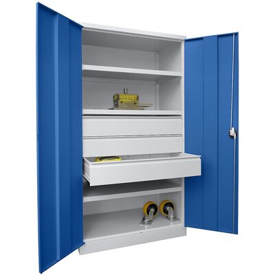 Schwerlastschrank, Höhe 1950 mm, 3 Fachböden, 3 Schubladen à 175 mm, grau / blau Pavoy Schwerlastschrank, Höhe 1950 mm, 3 Fachböden, 3 Schubladen à 175 mm, grau / blau Pavoy