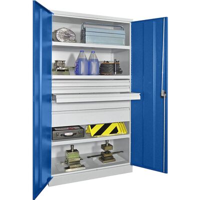 Schwerlastschrank, Höhe 1950 mm, 3 Fachböden, 5 Schubladen, grau / blau Pavoy Schwerlastschrank, Höhe 1950 mm, 3 Fachböden, 5 Schubladen, grau / blau Pavoy