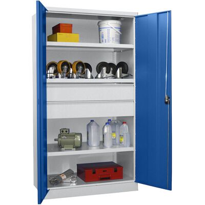 Schwerlastschrank, Höhe 1950 mm, 3 Fachböden, 2 Schubladen, grau / blau Pavoy Schwerlastschrank, Höhe 1950 mm, 3 Fachböden, 2 Schubladen, grau / blau Pavoy