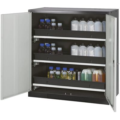 Labor-Chemikalienschrank, 2-türig, halbhoch, 3 Auszüge, ohne Sichtfenster, grau asecos Labor-Chemikalienschrank, 2-türig, halbhoch, 3 Auszüge, ohne Sichtfenster, grau asecos