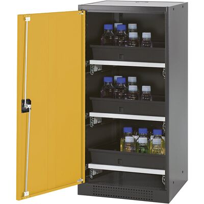 Labor-Chemikalienschrank, 1-türig, halbhoch, 3 Auszüge, ohne Sichtfenster, gelb asecos Labor-Chemikalienschrank, 1-türig, halbhoch, 3 Auszüge, ohne Sichtfenster, gelb asecos