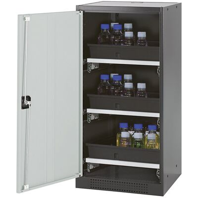 Labor-Chemikalienschrank, 1-türig, halbhoch, 3 Auszüge, ohne Sichtfenster, grau asecos Labor-Chemikalienschrank, 1-türig, halbhoch, 3 Auszüge, ohne Sichtfenster, grau asecos