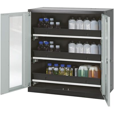 Labor-Chemikalienschrank, 2-türig, halbhoch, 3 Auszüge, mit Sichtfenster, grau asecos Labor-Chemikalienschrank, 2-türig, halbhoch, 3 Auszüge, mit Sichtfenster, grau asecos