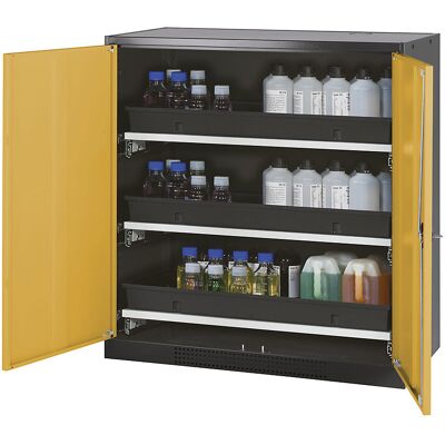 Labor-Chemikalienschrank, 2-türig, halbhoch, 3 Auszüge, ohne Sichtfenster, gelb asecos Labor-Chemikalienschrank, 2-türig, halbhoch, 3 Auszüge, ohne Sichtfenster, gelb asecos