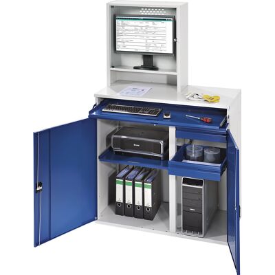 Computer-Arbeitsstation, Monitorgehäuse, 1 Ausziehboden, 2 Schubladen, Breite 1100 mm, lichtgrau / enzianblau RAU Computer-Arbeitsstation, Monitorgehäuse, 1 Ausziehboden, 2 Schubladen, Breite 1100 mm, lichtgrau / enzianblau RAU