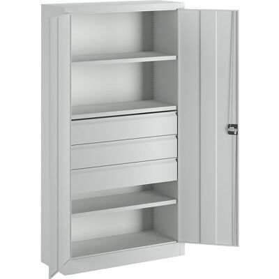 Schwerlastschrank, Höhe 1950 mm, 3 Fachböden, 3 Schubladen à 175 mm, grau Pavoy Schwerlastschrank, Höhe 1950 mm, 3 Fachböden, 3 Schubladen à 175 mm, grau Pavoy