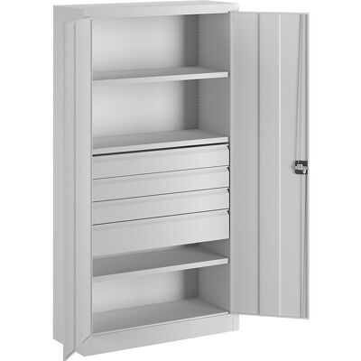 Schwerlastschrank, Höhe 1950 mm, 3 Fachböden, 4 Schubladen, grau Pavoy Schwerlastschrank, Höhe 1950 mm, 3 Fachböden, 4 Schubladen, grau Pavoy