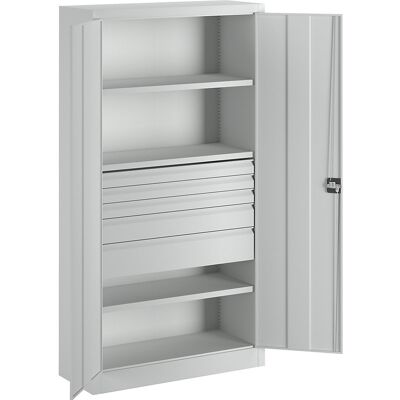 Schwerlastschrank, Höhe 1950 mm, 3 Fachböden, 5 Schubladen, grau Pavoy Schwerlastschrank, Höhe 1950 mm, 3 Fachböden, 5 Schubladen, grau Pavoy