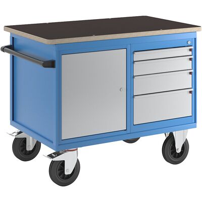 Montagewagen, 1 Schrank, 1 Schubladenschrank, bicolor, Korpus lichtblau, Fronten weißaluminium, Multiplex-Arbeitsplatte eurokraft pro Montagewagen, 1 Schrank, 1 Schubladenschrank, bicolor, Korpus lichtblau, Fronten weißaluminium, Multiplex-Arbeitsplatte eurokraft pro