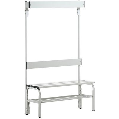 Umkleidebank aus Edelstahl, HxT 1650 x 375 mm, Länge 1015 mm, 3 Haken, lichtgrau, Schuhrost Sypro Umkleidebank aus Edelstahl, HxT 1650 x 375 mm, Länge 1015 mm, 3 Haken, lichtgrau, Schuhrost Sypro