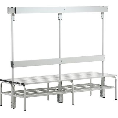 Umkleidebank mit Aluminiumleisten, HxT 1650 x 725 mm, doppelseitig, Länge 1500 mm, 12 Haken, lichtgrau, Schuhrost Sypro Umkleidebank mit Aluminiumleisten, HxT 1650 x 725 mm, doppelseitig, Länge 1500 mm, 12 Haken, lichtgrau, Schuhrost Sypro