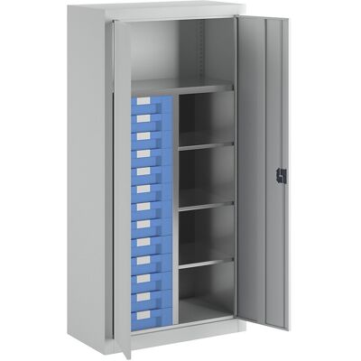 Material- und Schubladenschrank, 4 Fachböden, 13 Schubladen, lichtgrau RAL 7035 eurokraft pro Material- und Schubladenschrank, 4 Fachböden, 13 Schubladen, lichtgrau RAL 7035 eurokraft pro