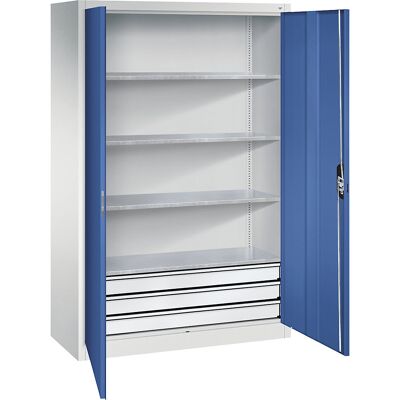 Werkstatt-Flügeltürschrank mit Schubladen, BxT 930 x 600 mm, 4 Fachböden, lichtgrau / enzianblau C+P Werkstatt-Flügeltürschrank mit Schubladen, BxT 930 x 600 mm, 4 Fachböden, lichtgrau / enzianblau C+P