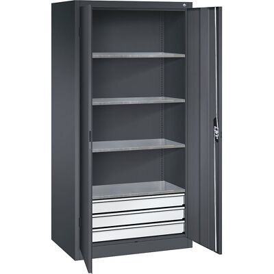 Werkstatt-Flügeltürschrank mit Schubladen, BxT 1200 x 600 mm, 4 Fachböden, schwarzgrau / schwarzgrau C+P Werkstatt-Flügeltürschrank mit Schubladen, BxT 1200 x 600 mm, 4 Fachböden, schwarzgrau / schwarzgrau C+P