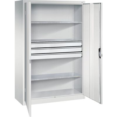 Werkstatt-Flügeltürschrank mit Schubladen, BxT 1200 x 500 mm, 3 Fachböden, lichtgrau / lichtgrau C+P Werkstatt-Flügeltürschrank mit Schubladen, BxT 1200 x 500 mm, 3 Fachböden, lichtgrau / lichtgrau C+P