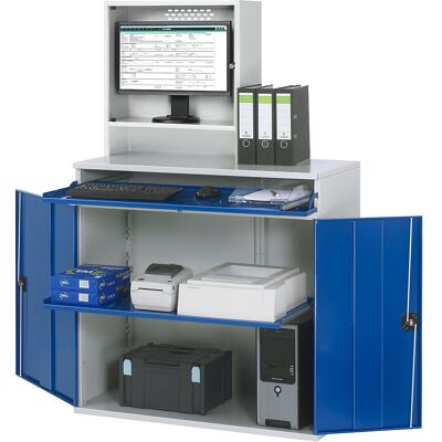 Computer-Arbeitsstation, Monitorgehäuse, 1 Ausziehboden, Breite 1100 mm, lichtgrau / enzianblau RAU Computer-Arbeitsstation, Monitorgehäuse, 1 Ausziehboden, Breite 1100 mm, lichtgrau / enzianblau RAU