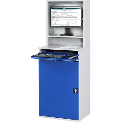 Computer-Arbeitsstation, Monitorgehäuse, 2 Ausziehböden, Breite 650 mm, lichtgrau / enzianblau RAU Computer-Arbeitsstation, Monitorgehäuse, 2 Ausziehböden, Breite 650 mm, lichtgrau / enzianblau RAU