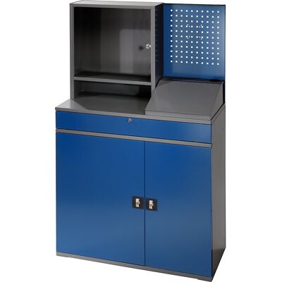 Computer-Arbeitsstation, Monitorgehäuse, 2 Ausziehböden, Breite 1100 mm, anthrazit / enzianblau RAU Computer-Arbeitsstation, Monitorgehäuse, 2 Ausziehböden, Breite 1100 mm, anthrazit / enzianblau RAU