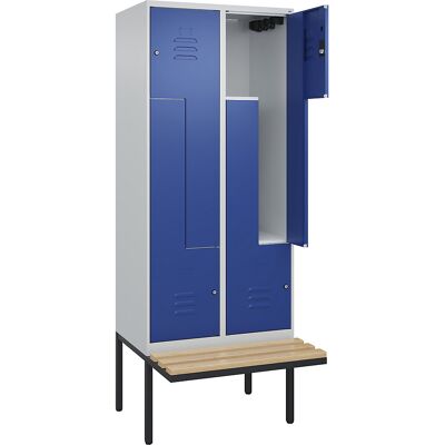 Z-Spind Classic PLUS Sitzbank, 2 Abteile, lichtgrau / enzianblau, B 800 mm, Zylinderschloss, auskragend, Buche-Hartholz C+P Z-Spind Classic PLUS Sitzbank, 2 Abteile, lichtgrau / enzianblau, B 800 mm, Zylinderschloss, auskragend, Buche-Hartholz C+P