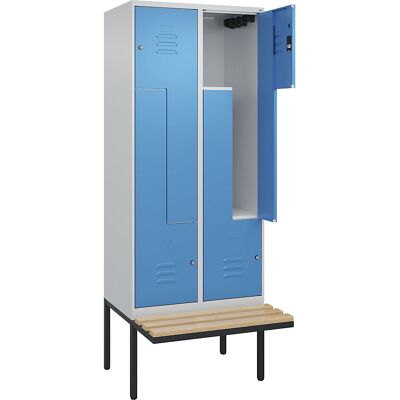 Z-Spind Classic PLUS Sitzbank, 2 Abteile, lichtgrau / lichtblau, B 800 mm, Zylinderschloss, auskragend, Buche-Hartholz C+P Z-Spind Classic PLUS Sitzbank, 2 Abteile, lichtgrau / lichtblau, B 800 mm, Zylinderschloss, auskragend, Buche-Hartholz C+P