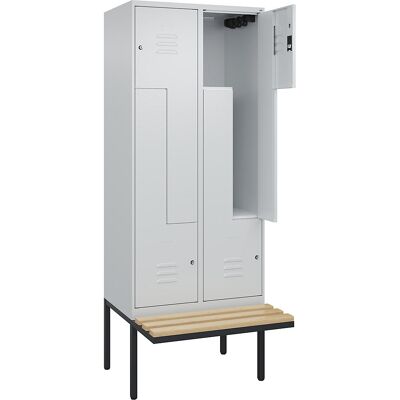 Z-Spind Classic PLUS Sitzbank, 2 Abteile, lichtgrau, B 800 mm, Zylinderschloss, auskragend, Buche-Hartholz C+P Z-Spind Classic PLUS Sitzbank, 2 Abteile, lichtgrau, B 800 mm, Zylinderschloss, auskragend, Buche-Hartholz C+P