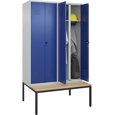 C+P Schwarz-Weiß-Spind Classic PLUS Sitzbank, Trennwand mittig, 2 Abteile, lichtgrau / enzianblau, B 1200 mm, Sicherheits-Drehriegel, untergebaut, C+P Schwarz-Weiß-Spind Classic PLUS Sitzbank, Trennwand mittig, 2 Abteile, lichtgrau / enzianblau, B 1200 mm, Sicherheits-Drehriegel, untergebaut,