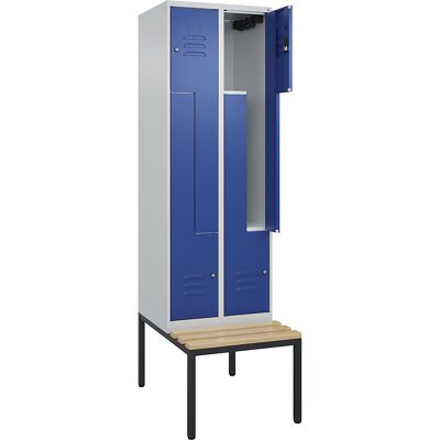Z-Spind Classic PLUS Sitzbank, 2 Abteile, lichtgrau / enzianblau, B 600 mm, Zylinderschloss, untergebaut, Buche-Hartholz C+P Z-Spind Classic PLUS Sitzbank, 2 Abteile, lichtgrau / enzianblau, B 600 mm, Zylinderschloss, untergebaut, Buche-Hartholz C+P