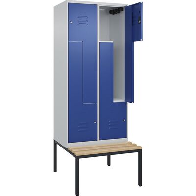 Z-Spind Classic PLUS Sitzbank, 2 Abteile, lichtgrau / enzianblau, B 800 mm, Zylinderschloss, untergebaut, Buche-Hartholz C+P Z-Spind Classic PLUS Sitzbank, 2 Abteile, lichtgrau / enzianblau, B 800 mm, Zylinderschloss, untergebaut, Buche-Hartholz C+P