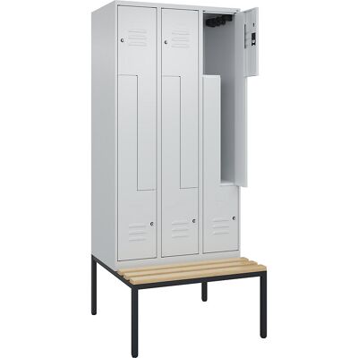 Z-Spind Classic PLUS Sitzbank, 3 Abteile, lichtgrau, B 900 mm, Zylinderschloss, untergebaut, Buche-Hartholz C+P Z-Spind Classic PLUS Sitzbank, 3 Abteile, lichtgrau, B 900 mm, Zylinderschloss, untergebaut, Buche-Hartholz C+P