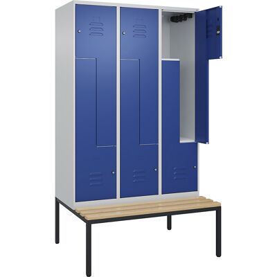 Z-Spind Classic PLUS Sitzbank, 3 Abteile, lichtgrau / enzianblau, B 1200 mm, Zylinderschloss, untergebaut, Buche-Hartholz C+P Z-Spind Classic PLUS Sitzbank, 3 Abteile, lichtgrau / enzianblau, B 1200 mm, Zylinderschloss, untergebaut, Buche-Hartholz C+P