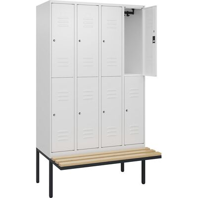 Doppelstock-Spind Classic PLUS Sitzbank, 4 Abteile, verkehrsweiß, B 1200 mm, Zylinderschloss, auskragend, Buche-Hartholz C+P Doppelstock-Spind Classic PLUS Sitzbank, 4 Abteile, verkehrsweiß, B 1200 mm, Zylinderschloss, auskragend, Buche-Hartholz C+P