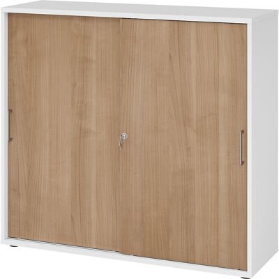 Schiebetürenschrank, Höhe 1100 mm, 2 Fachböden, weiß / Nussbaum-Dekor eurokraft pro Schiebetürenschrank, Höhe 1100 mm, 2 Fachböden, weiß / Nussbaum-Dekor eurokraft pro
