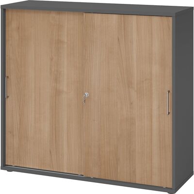 Schiebetürenschrank, Höhe 1100 mm, 2 Fachböden, graphit / Nussbaum-Dekor eurokraft pro Schiebetürenschrank, Höhe 1100 mm, 2 Fachböden, graphit / Nussbaum-Dekor eurokraft pro