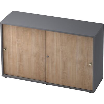 Schiebetürenschrank, 1 Fachboden, Mitteltrennwand, graphit / Nussbaum-Dekor eurokraft pro Schiebetürenschrank, 1 Fachboden, Mitteltrennwand, graphit / Nussbaum-Dekor eurokraft pro