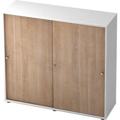 Schiebetürenschrank, 2 Fachböden, Mitteltrennwand, weiß / Nussbaum-Dekor eurokraft pro Schiebetürenschrank, 2 Fachböden, Mitteltrennwand, weiß / Nussbaum-Dekor eurokraft pro