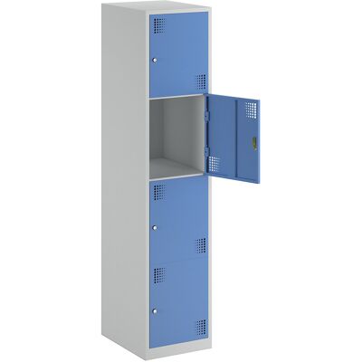 4er-Schließfachschrank Alvina, 1 Abteil, lichtgrau / lichtblau, Breite 400 mm, Zylinderschloss eurokraft basic 4er-Schließfachschrank Alvina, 1 Abteil, lichtgrau / lichtblau, Breite 400 mm, Zylinderschloss eurokraft basic