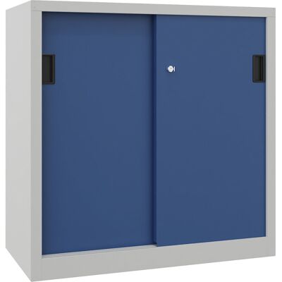 Schiebetürenschrank, Höhe 1000 mm, Vollblechtüren, BxT 1000 x 600 mm, mit 2 Fachböden, Tür enzianblau Pavoy Schiebetürenschrank, Höhe 1000 mm, Vollblechtüren, BxT 1000 x 600 mm, mit 2 Fachböden, Tür enzianblau Pavoy